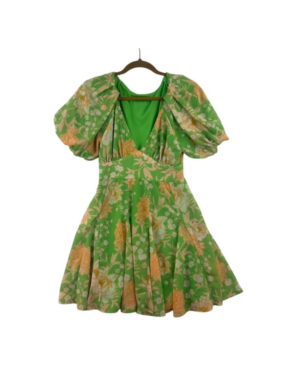 Lovecolette Dress Women's Small Green & Yellow Floral V-Neck Puff Sleeves Mini